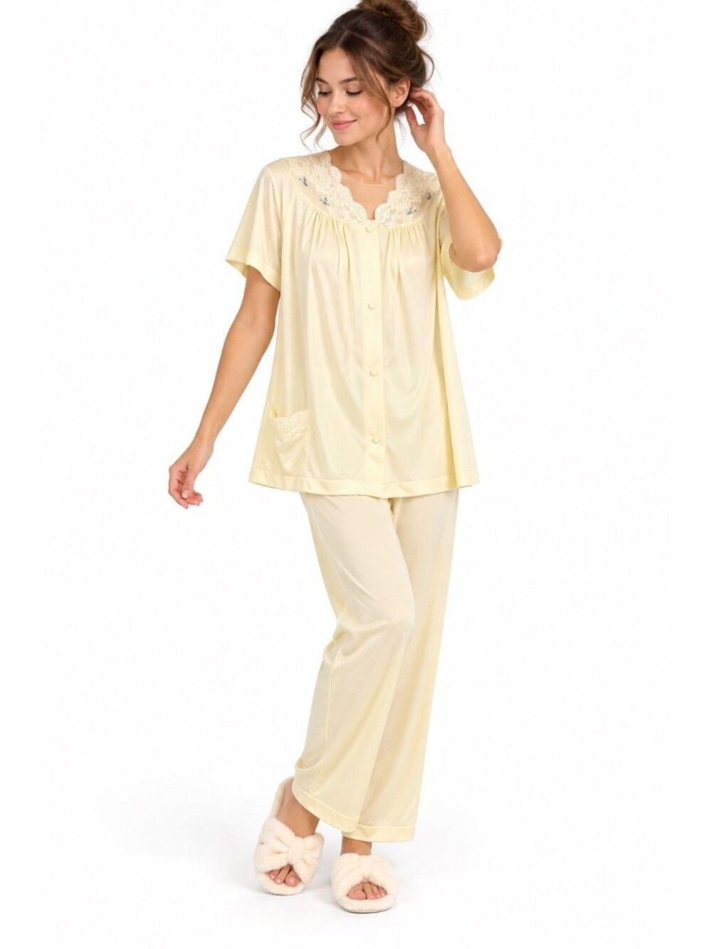 NEW vintage 60s 70s SHADOWLINE 2 piece pajama set S M top pants yellow lace